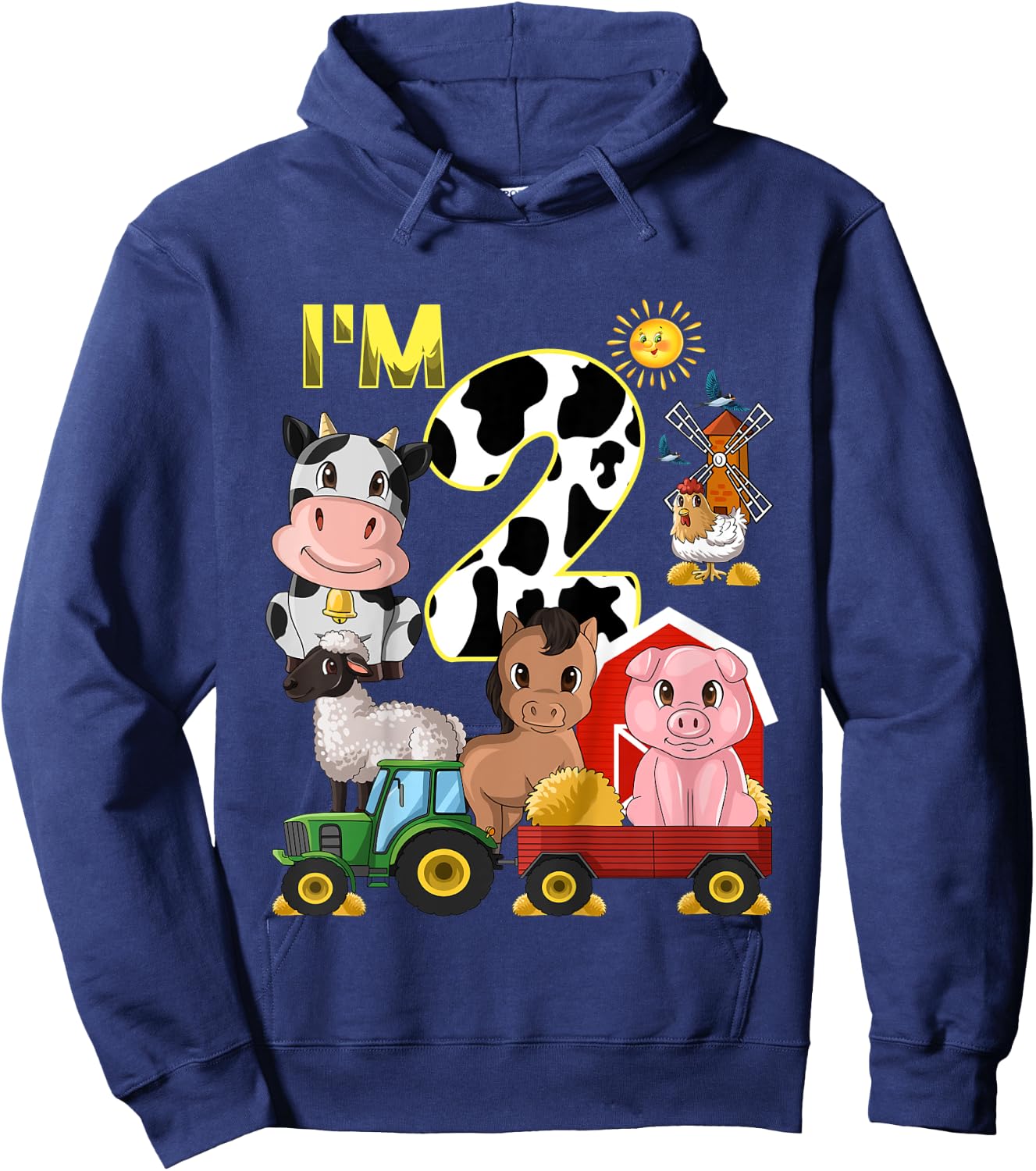 Kids Farm Animals Tractor 2nd Birthday 2 Year Old Birthday Party Hoodie - Hoodie | Navy