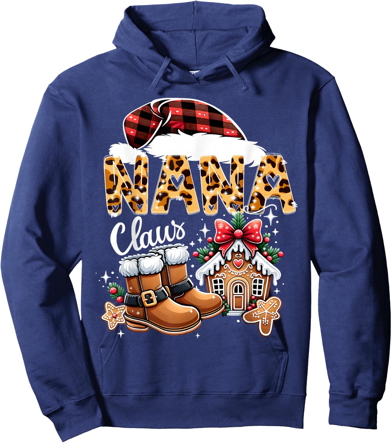 Christmas Nana Claus Grandma Leopard Buffalo Plaid Pjs Xmas Hoodie - Hoodie | Navy