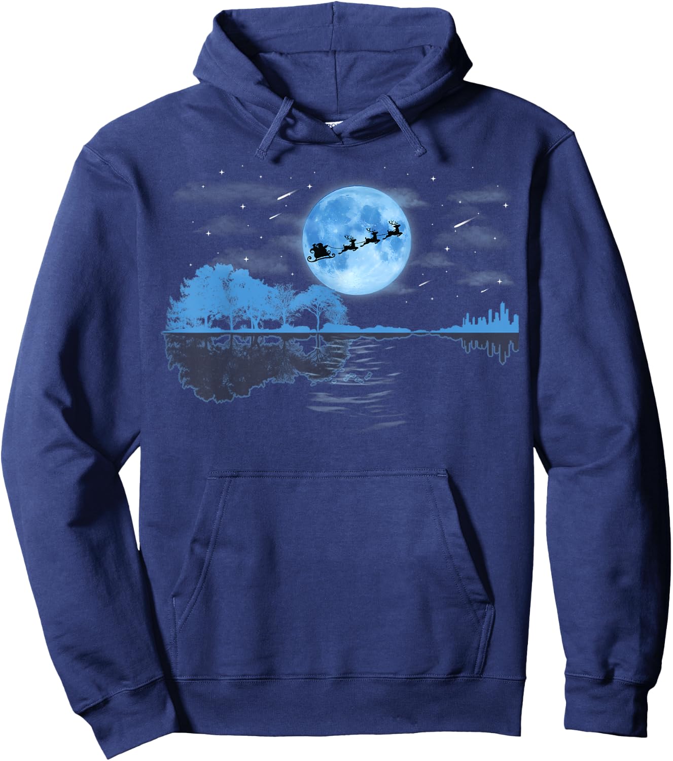 Christmas Guitar Lake Reflection Santa Claus Musician Guitar Hoodie - Hoodie | Navy