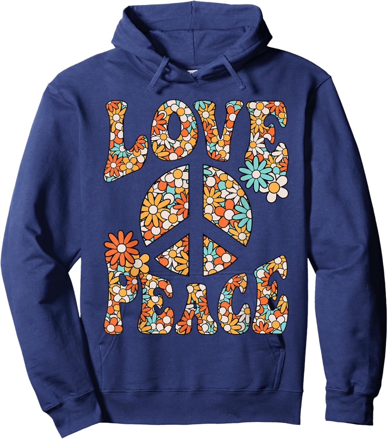 Love Peace Sign Hippie Flower Groovy 60s 70s Party Outfit Hoodie - Hoodie | Navy