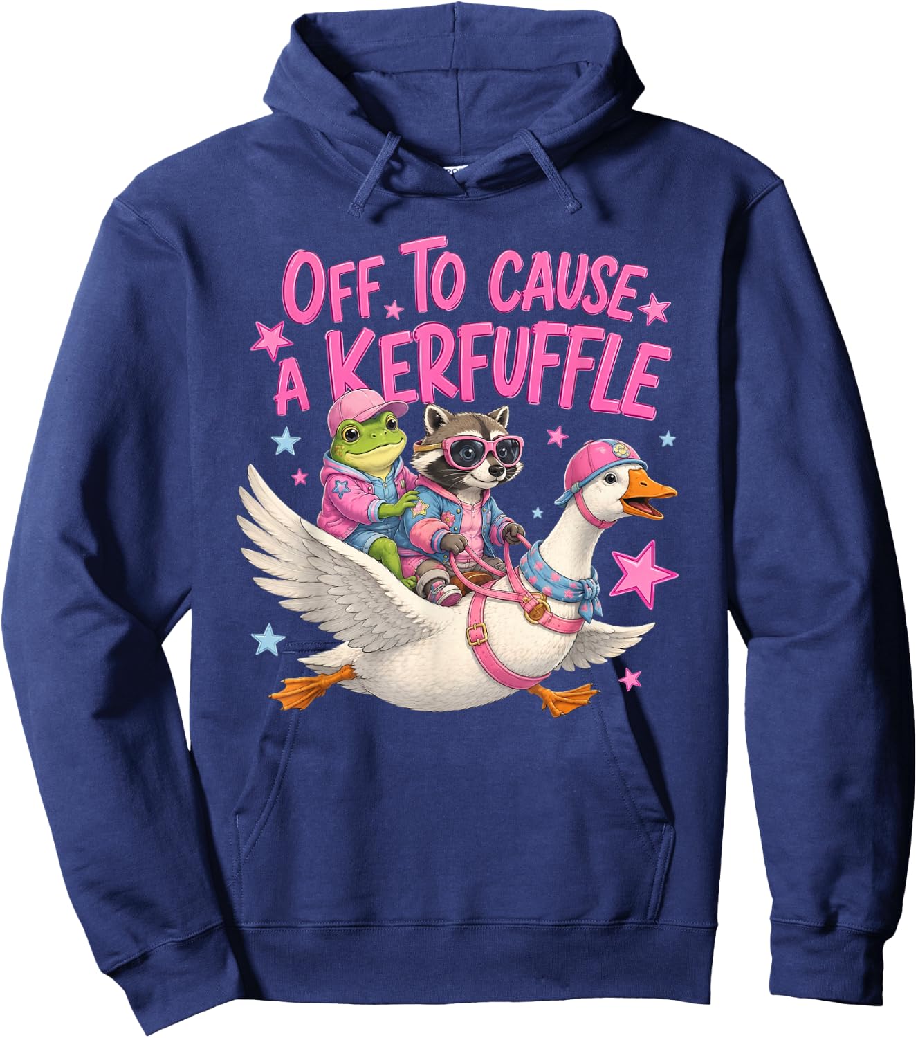 Off to Cause A Kerfuffle Frog Raccoon Riding Goose Hoodie - Hoodie | Navy