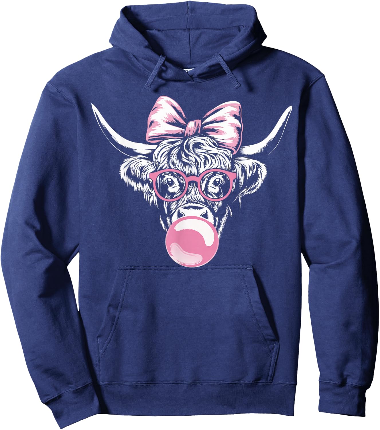 Highland Cow Wearing Glasses and Blowing Pink Bubble Gum Hoodie - Hoodie | Navy
