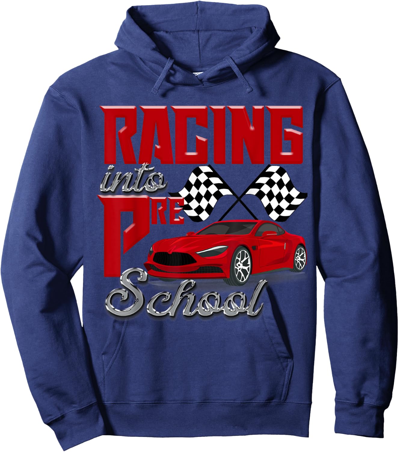 Racing Into Preschool Race Car School Kids Checker Flag Boys Hoodie - Hoodie | Navy