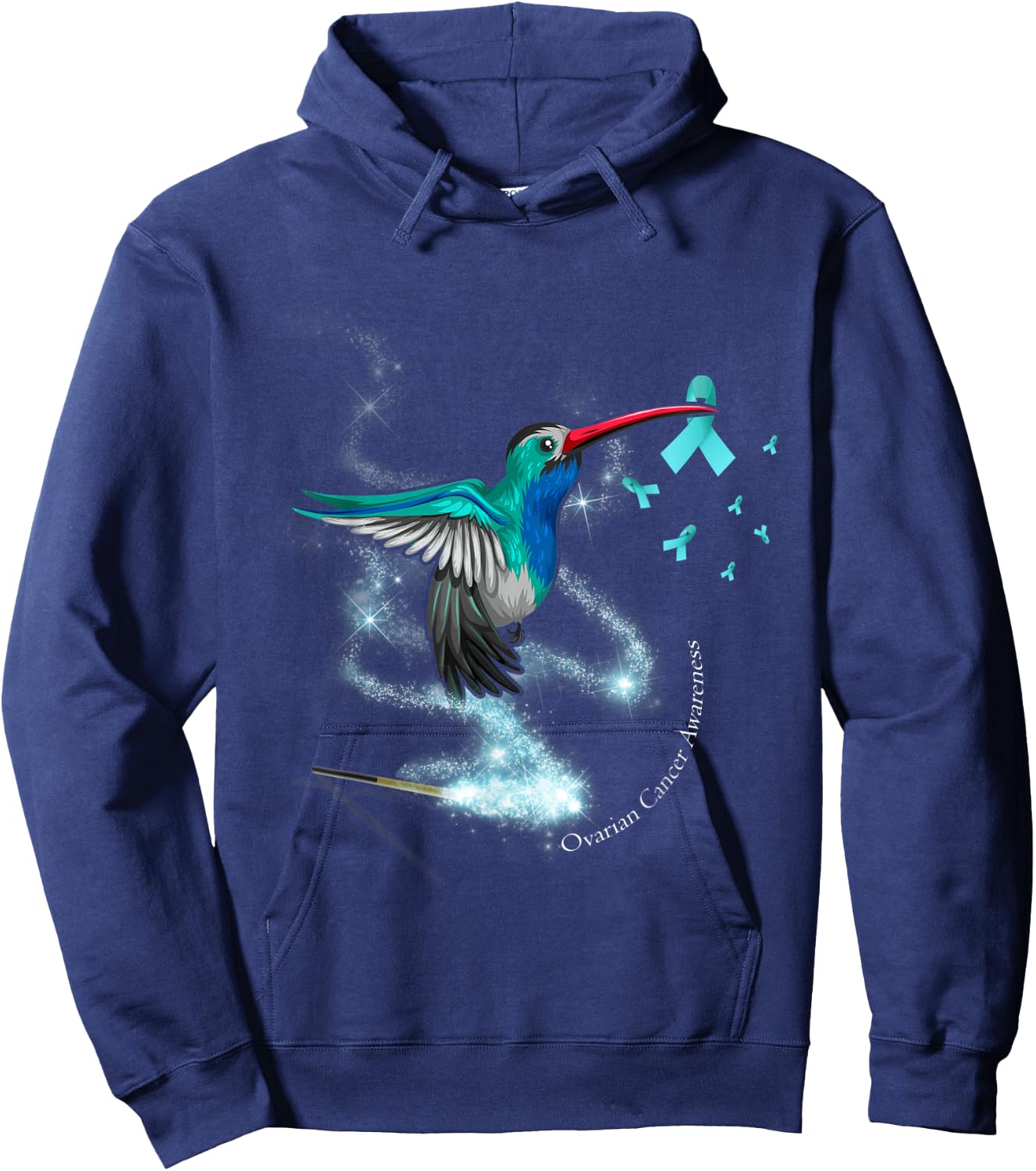 Hummingbird Holding Teal Ribbon Ovarian Cancer Awareness Hoodie - Hoodie | Navy