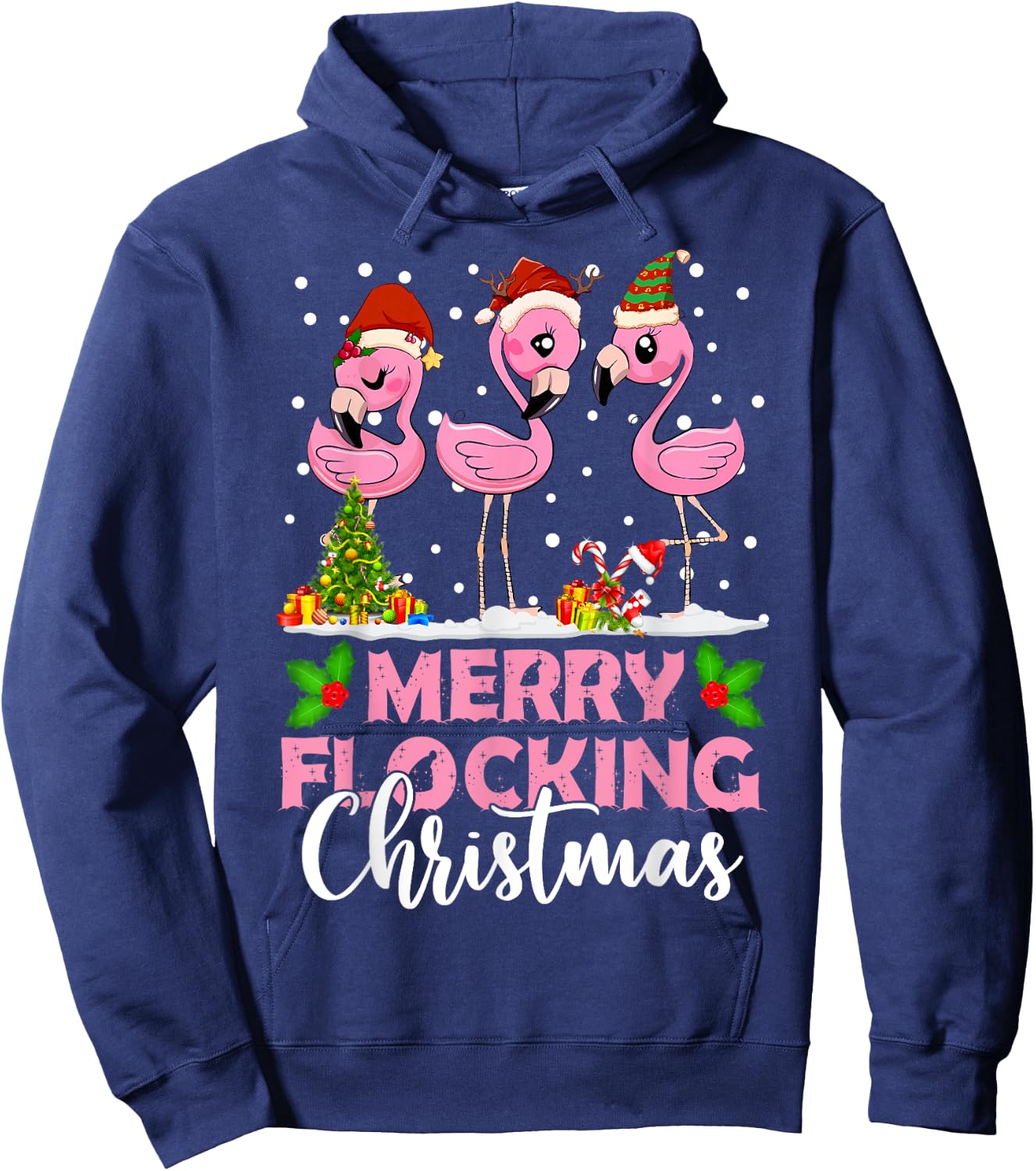 Merry Flocking Christmas Funny Pink Flamingo Santa Hat Hoodie - Hoodie | Navy