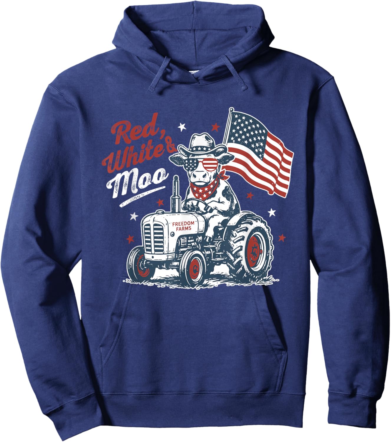 Red White and Moo 4th of July American Cow Tractor Lover Hoodie - Hoodie | Navy