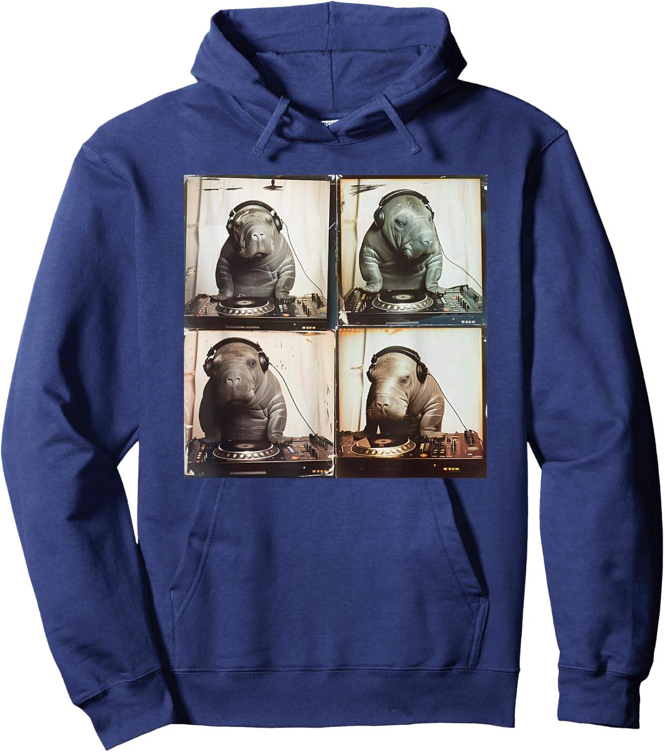 EDM DJ Manatee On Decks Vinyl Turntable Funny Manatee Hoodie - Hoodie | Navy