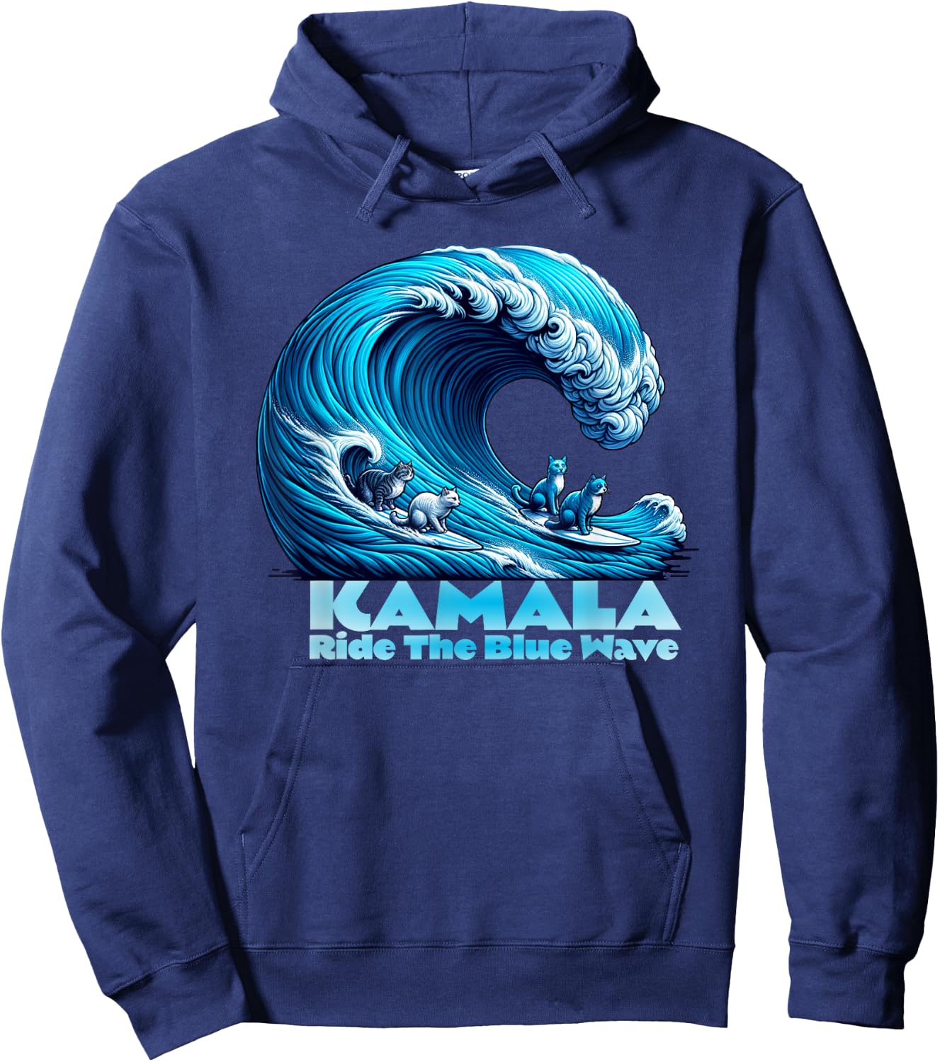 Kamala Harris for President, Blue Wave Surfing Cats 2024 Hoodie - Hoodie | Navy
