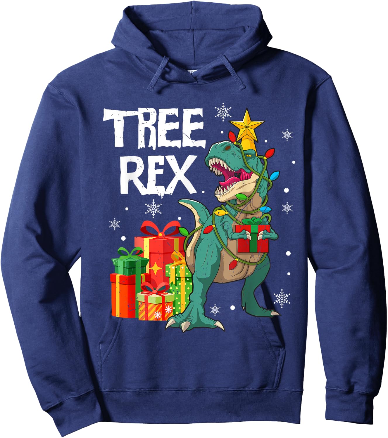 Dinosaur T Rex Christmas Tree Lights Pajamas Men Boys Kids Hoodie - Hoodie | Navy