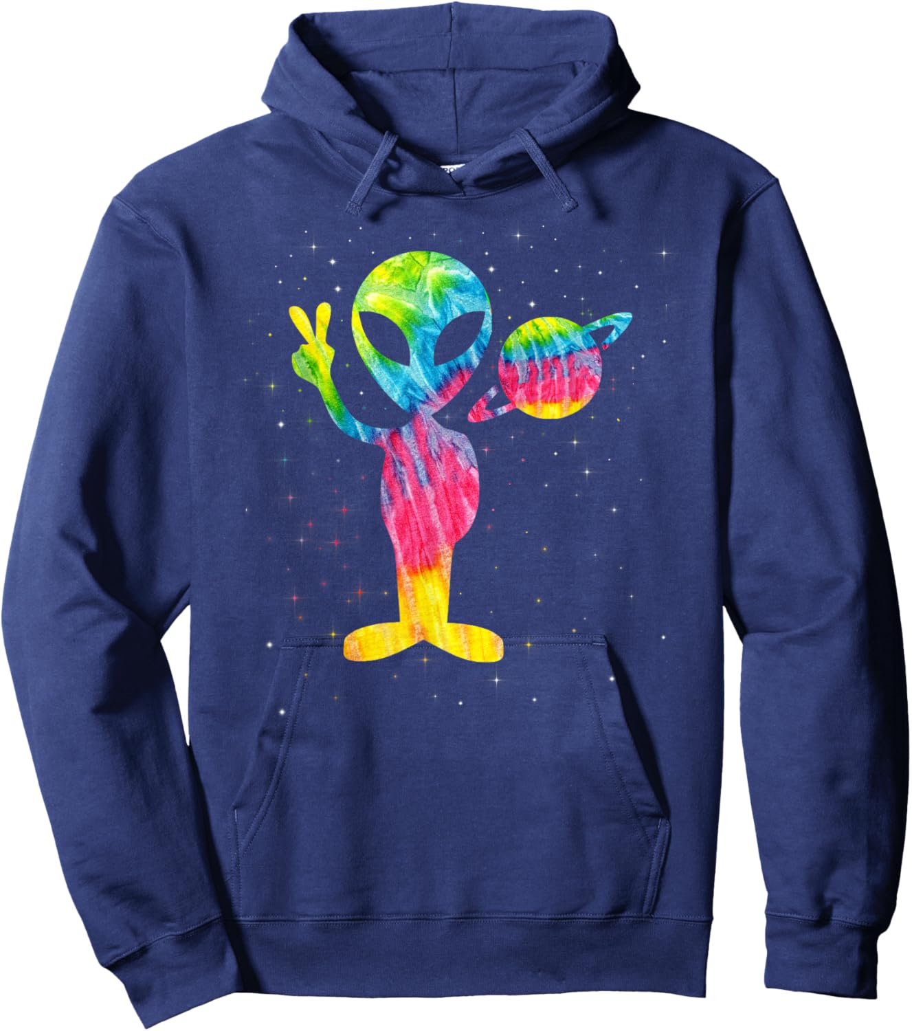 Vintage 1970s Tie Dye Groovy Alien Peace Retro Hoodie - Hoodie | Navy