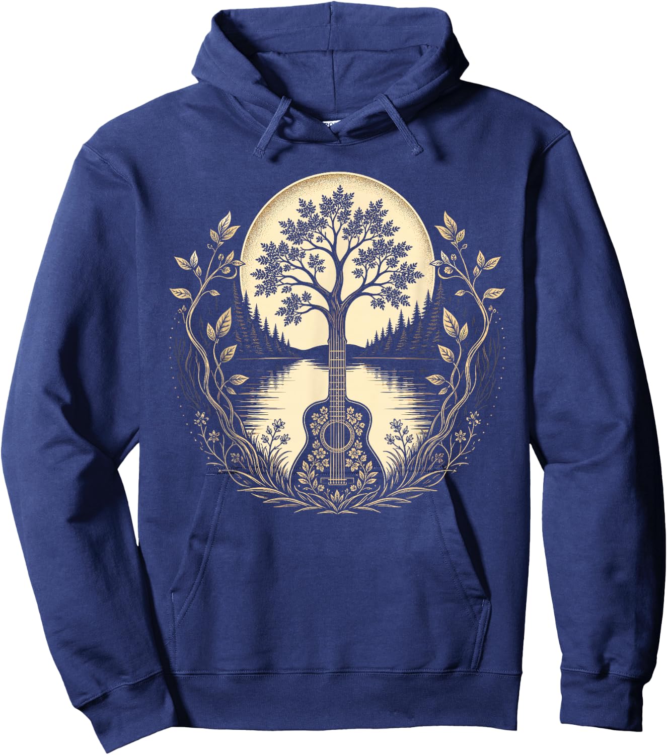 Acoustic Guitar Tree By The Lake Moon Botanical Hoodie - Hoodie | Navy