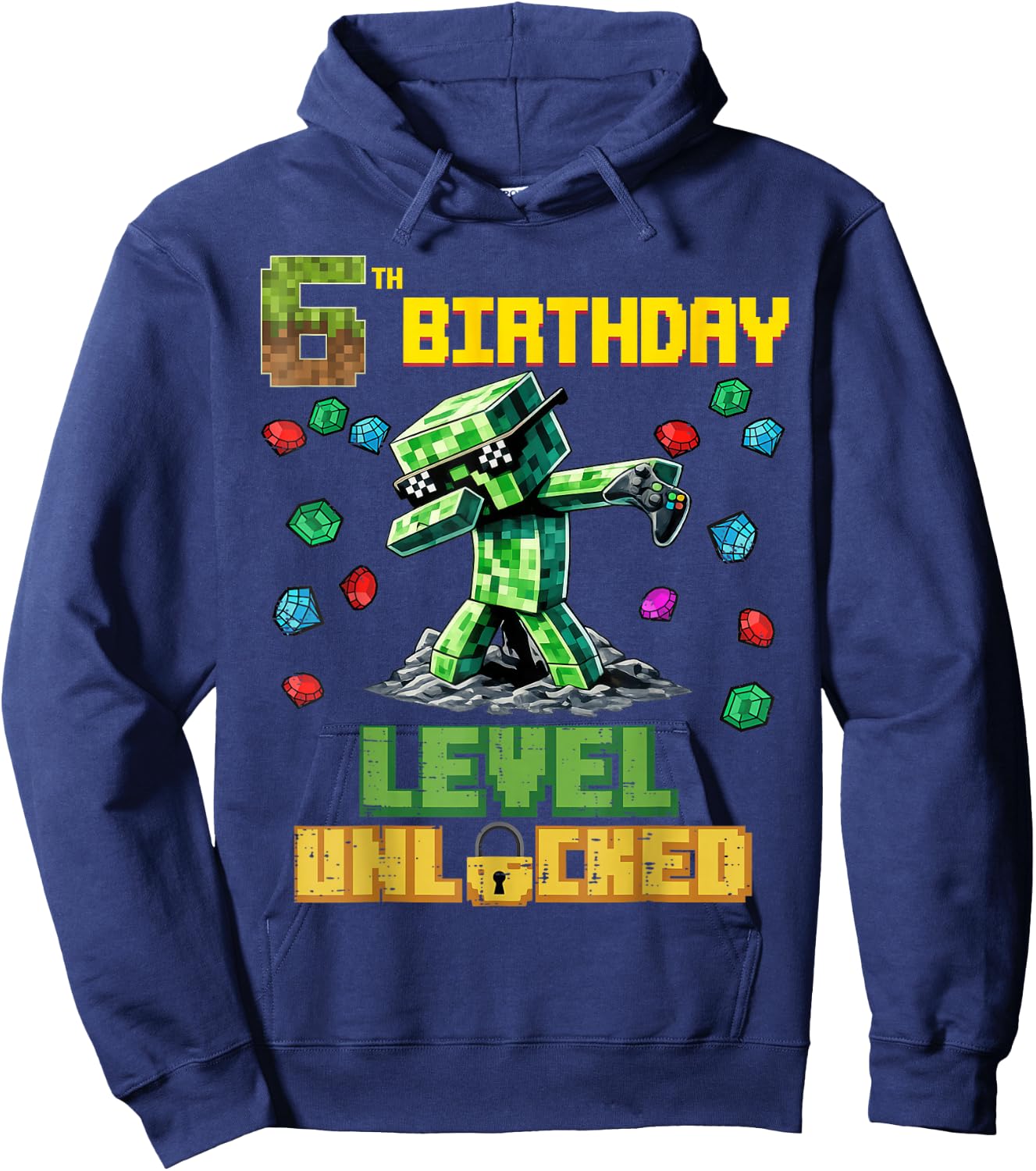 6th Birthday Level Unlocked Pixel Dab 6 Bday Gamer Boys Kids Hoodie - Hoodie | Navy
