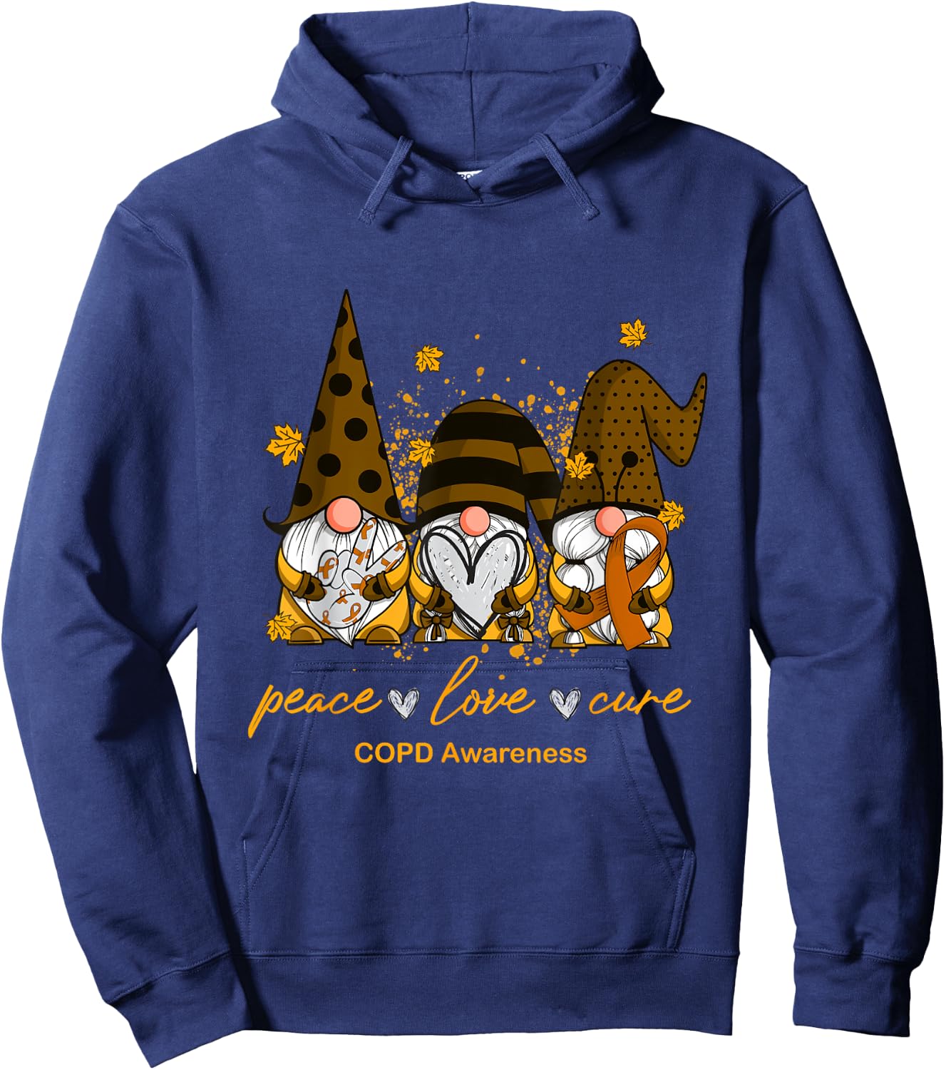 Peace Love Cure Three Gnomes Orange Ribbon COPD Awareness Hoodie - Hoodie | Navy