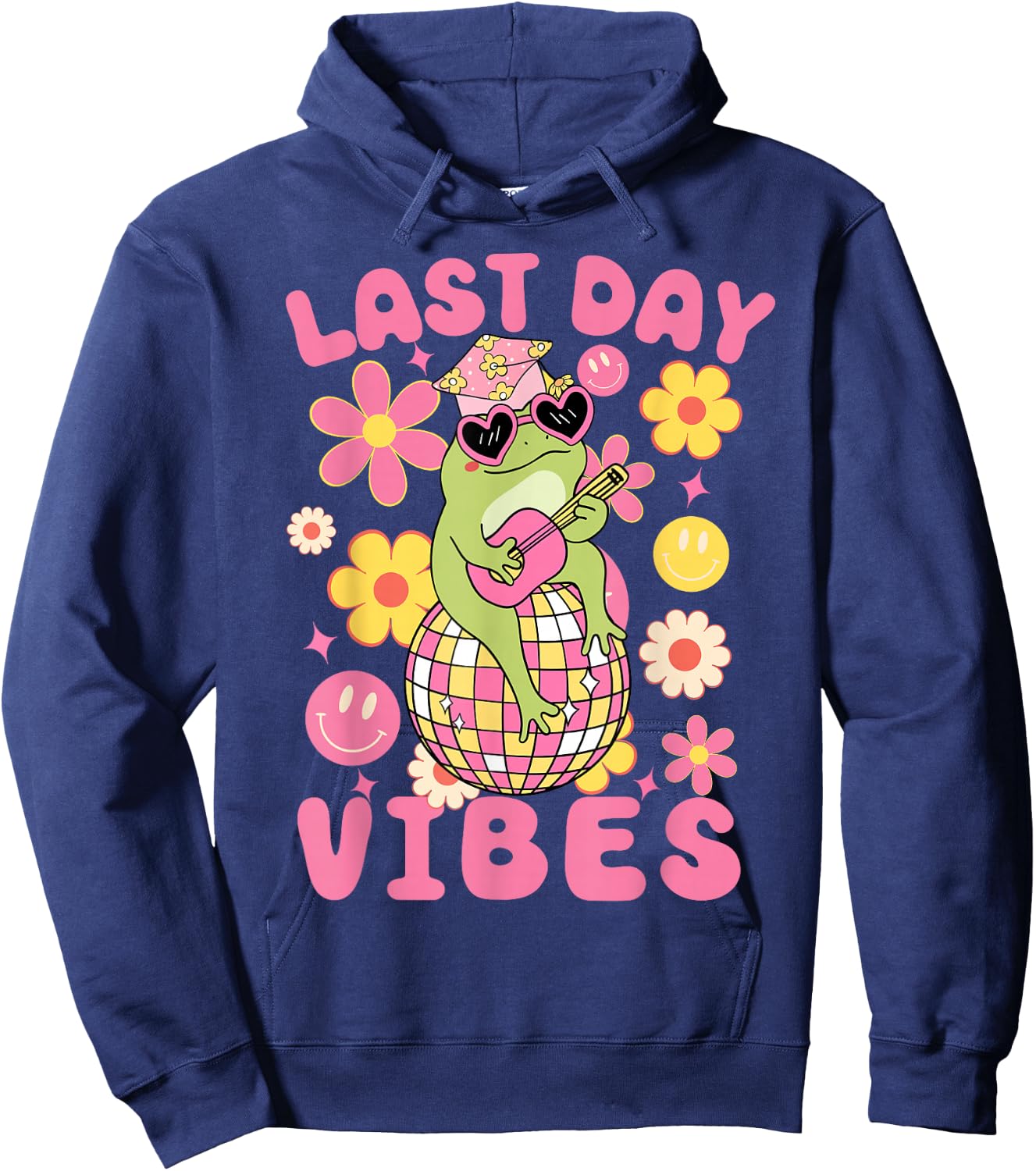 Last Day Of School Vibes-Groovy Frog and Flowers Girls Kids Hoodie - Hoodie | Navy