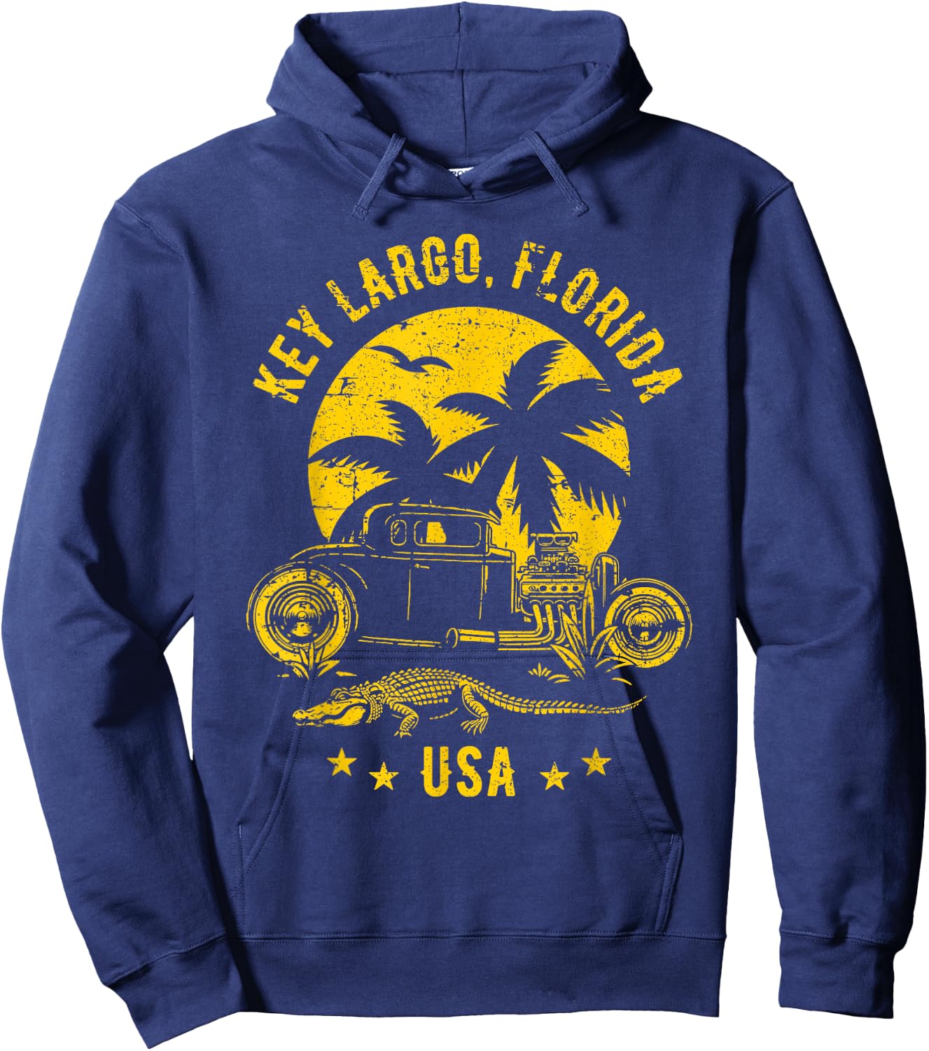Key Largo Florida Sunset Hotrod Distressed Design , Black, S Hoodie - Hoodie | Navy