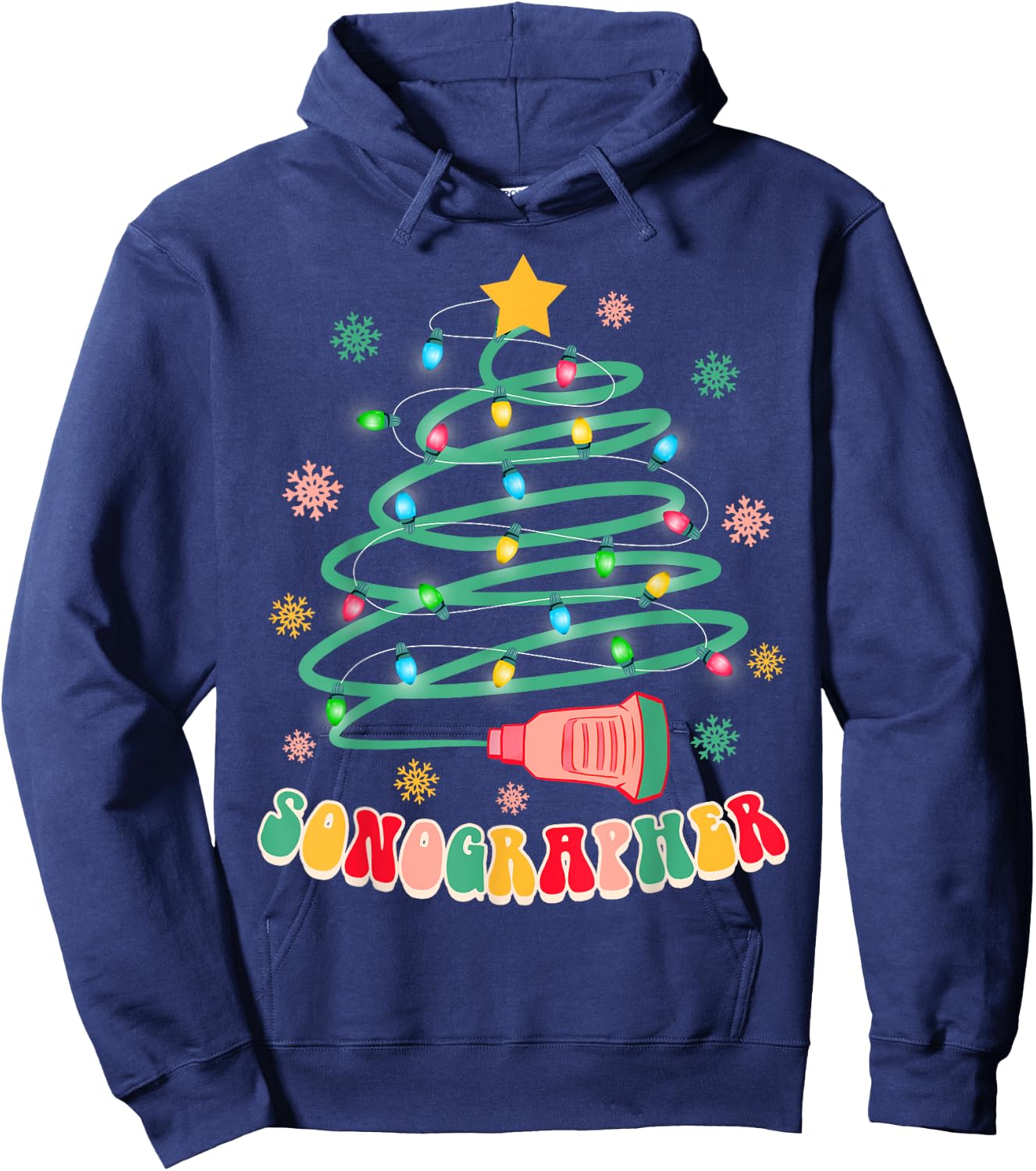 Xmas Vibes Sonographer Ultrasound Tech -Adults , Black, Small, Short Sleeve, Christmas-themed Hoodie - Hoodie | Navy