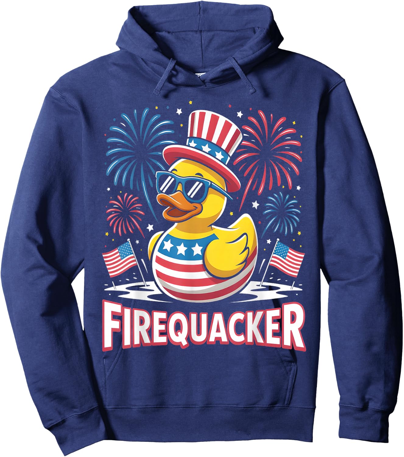 Firequacker Rubber Duck American Flag Fireworks 4th of July Hoodie - Hoodie | Navy