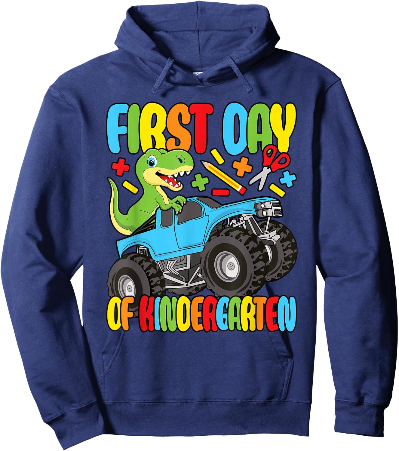 First Day Of Kindergarten Dinosaur Monster Truck Boys Kids Hoodie - Hoodie | Navy