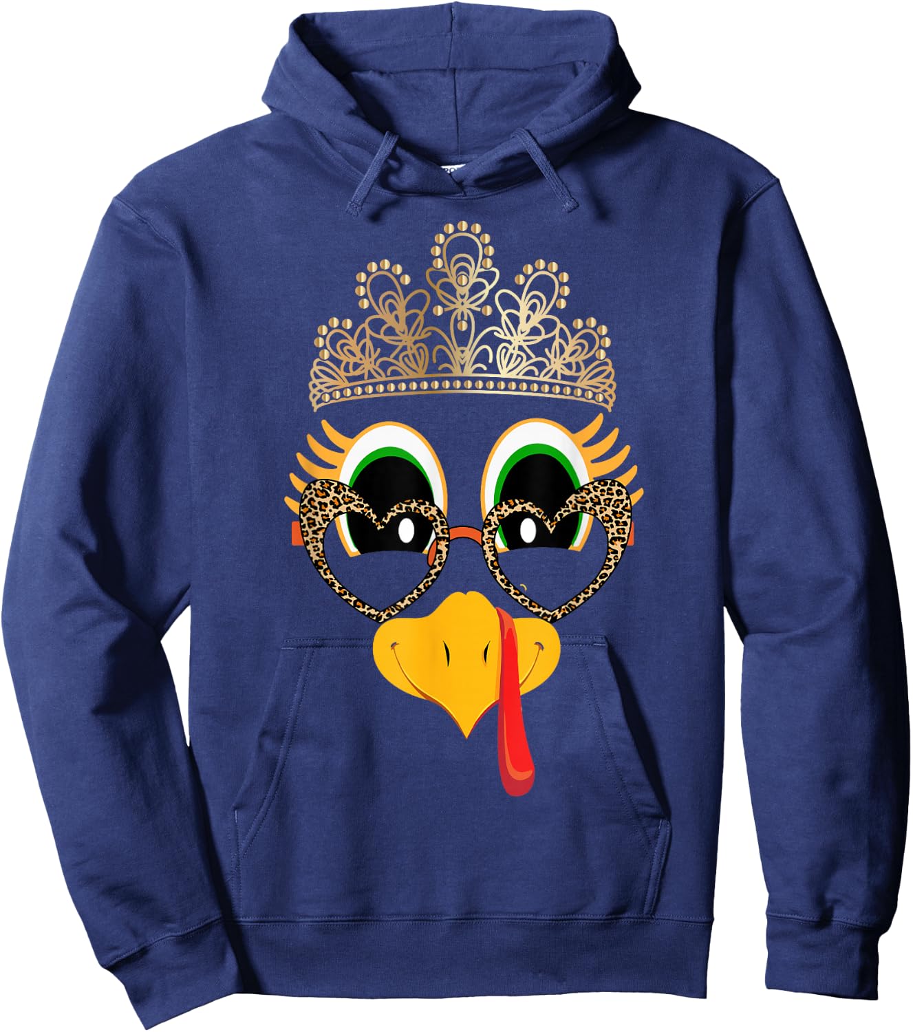 Turkey Face Girl Glasses Leopard With Crown Bow Thanksgiving Hoodie - Hoodie | Navy