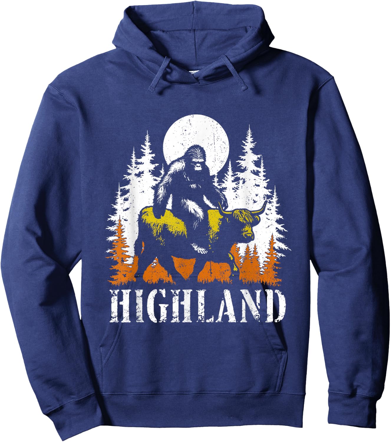 Bigfoot Riding Highland Cow - Funny Sasquatch Cow Lover Hoodie - Hoodie | Navy