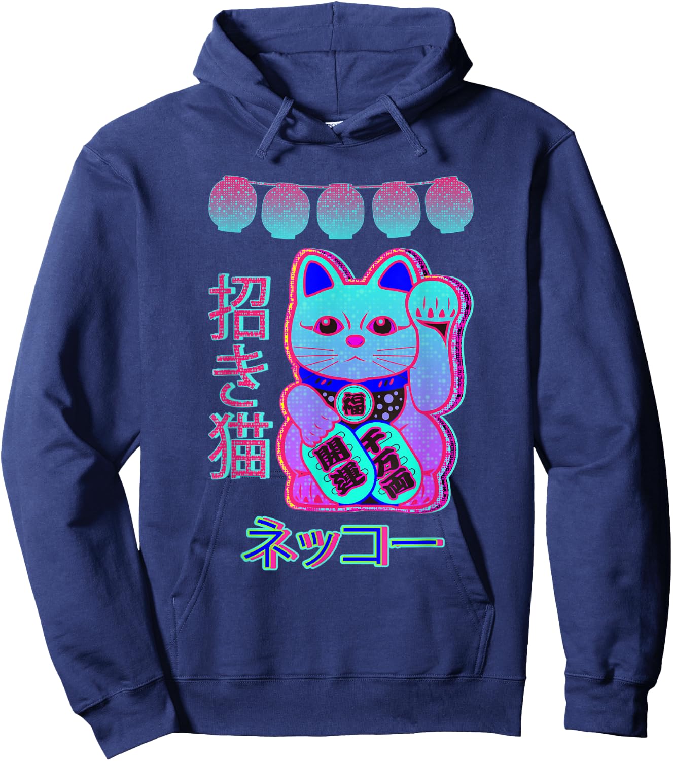 Cat Japanese Welcome Vaporwave Aesthetic Otaku maneki-neko Hoodie - Hoodie | Navy