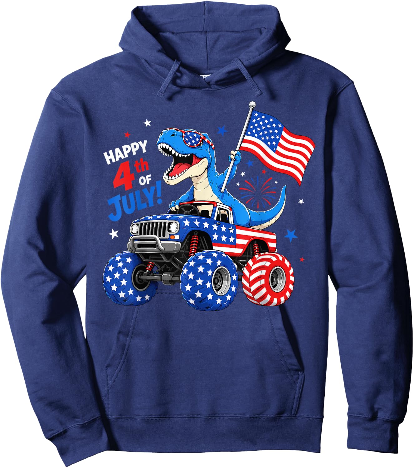Patriotic Dinosaur Monster Truck 4th of July Toddler Boys Hoodie - Hoodie | Navy