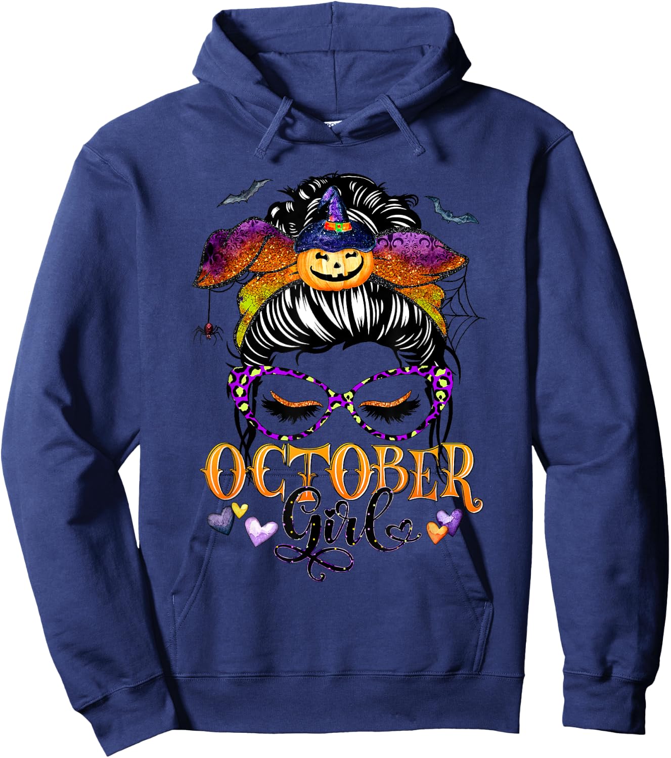 October Girl Halloween Messy Bun Lady Hair Glasses Leopard Hoodie - Hoodie | Navy