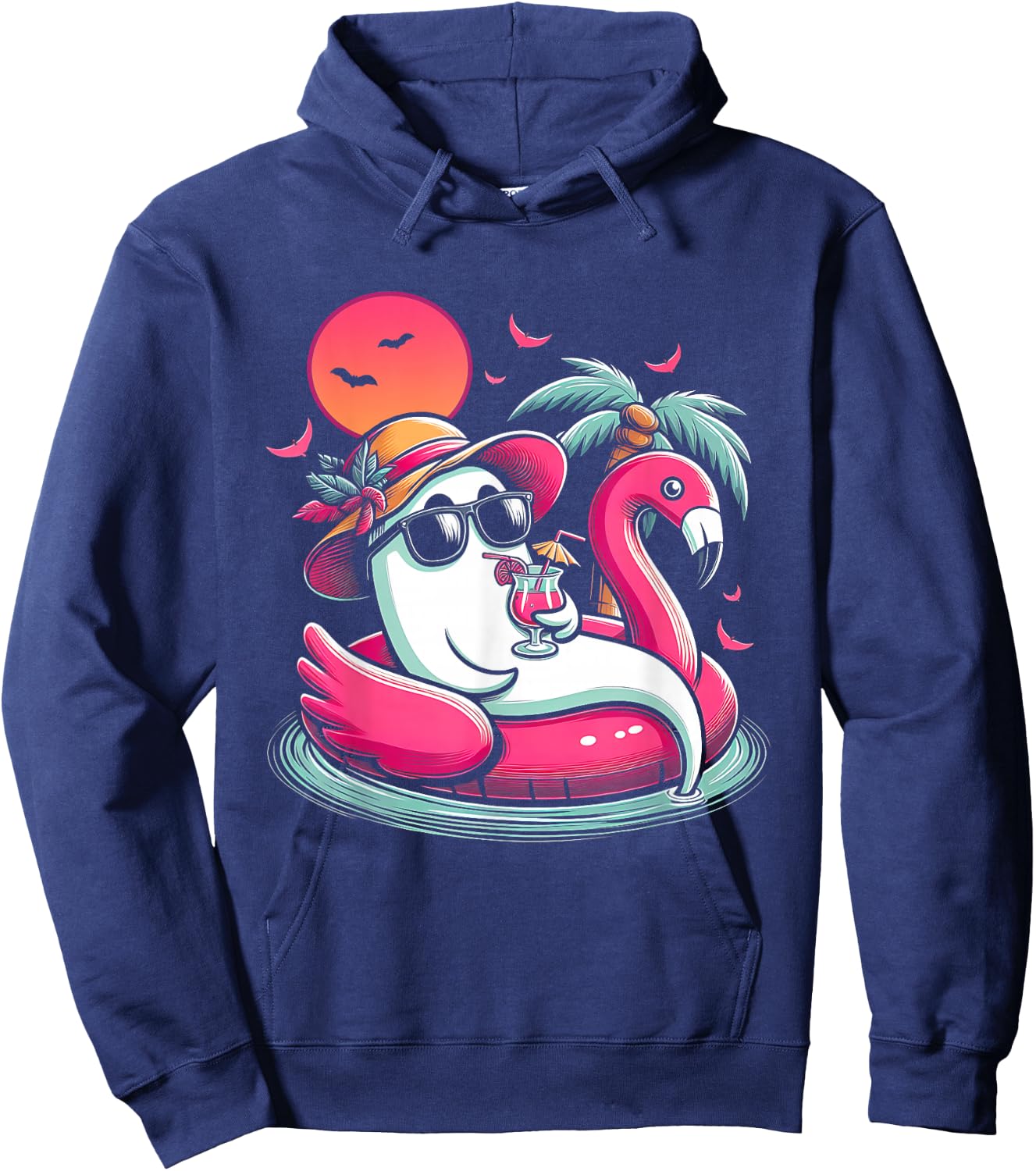 Ghost In Lifebuoy Flamingo On A Pool Float Summer ween Hoodie - Hoodie | Navy
