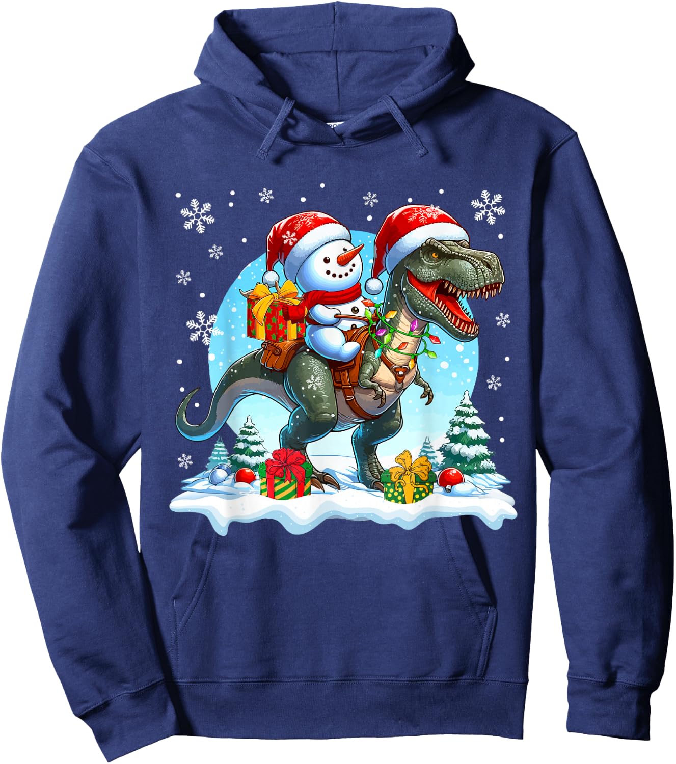 Santa Snowman Riding T-Rex Christmas Family Kids Toddler Hoodie - Hoodie | Navy