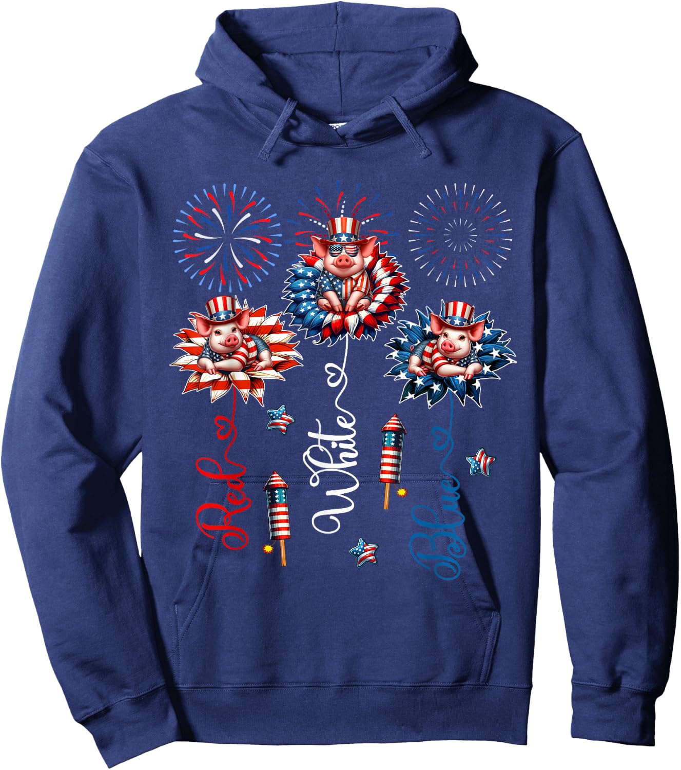 Red Blue White Three Cute Pigs On Floral 4th July Patriotic Hoodie - Hoodie | Navy