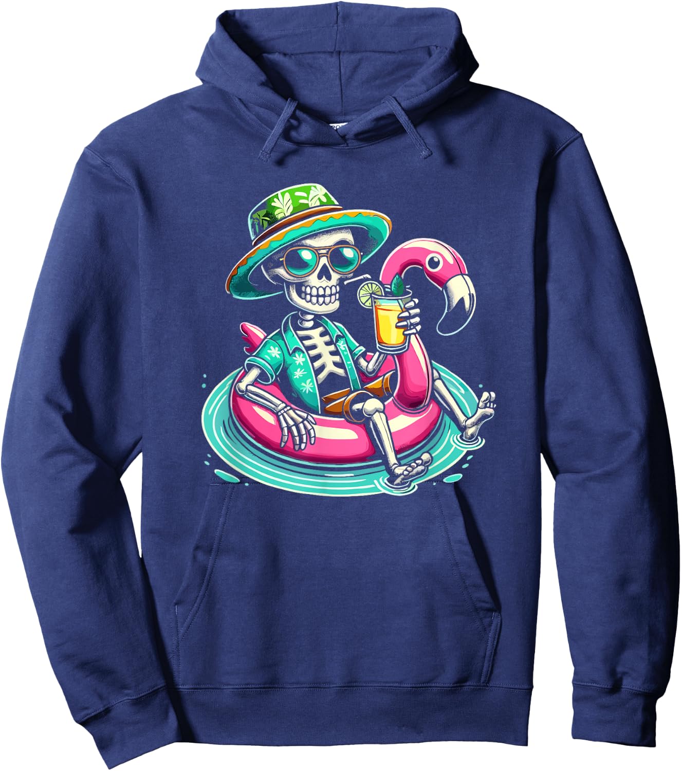 Skeleton Relaxing On Flamingo Float Beach Vibes Halloween Women Kids Hoodie - Hoodie | Navy