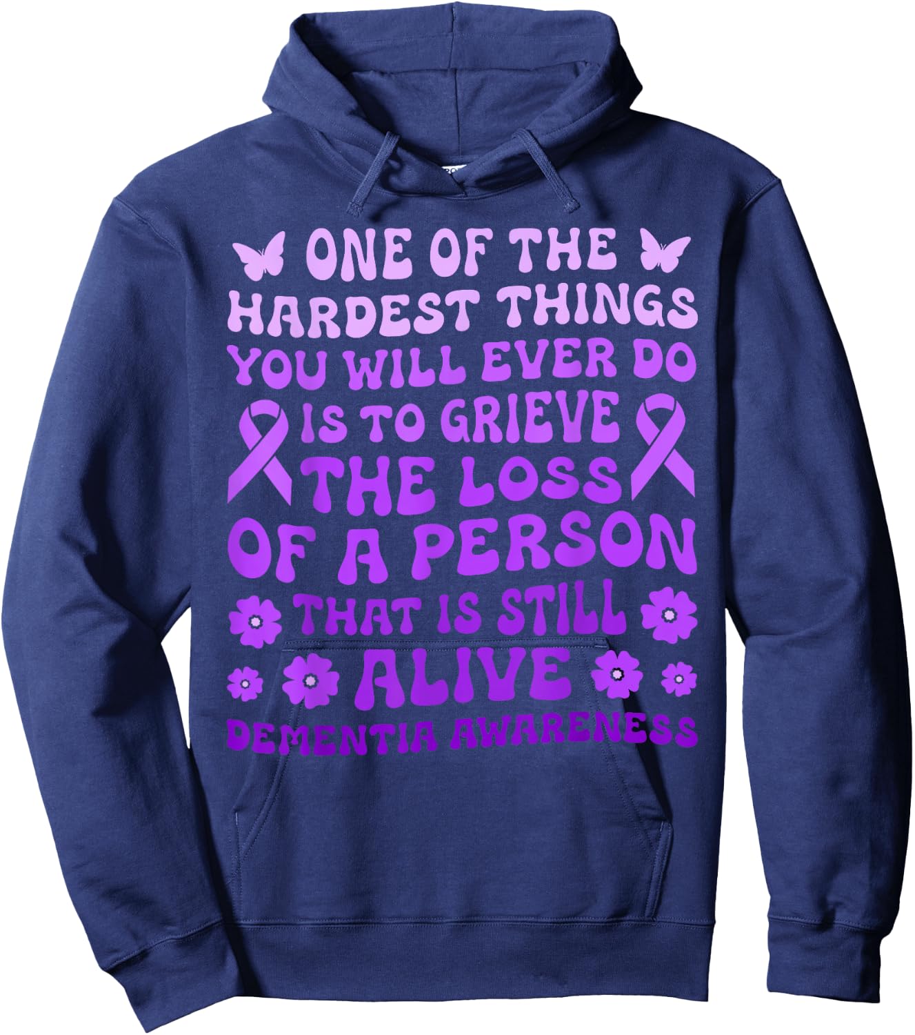 Dementia Alzheimer's Awareness Women Purple Flower Butterfly Hoodie - Hoodie | Navy