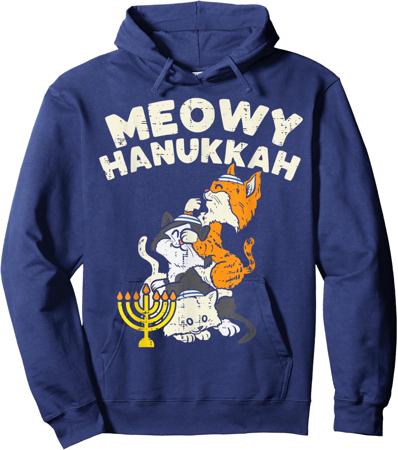 Meowy Hanukkah Cats Kitten Cute Hanukkah Pajamas Chanukah PJ Hoodie - Hoodie | Navy