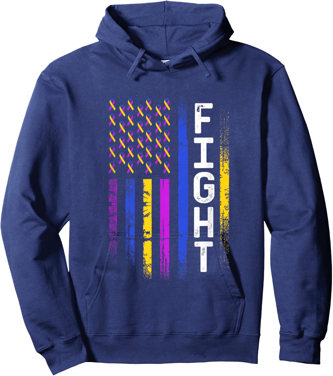 Bladder Cancer Flag Purple Yellow Blue Ribbon Awareness Hoodie - Hoodie | Navy
