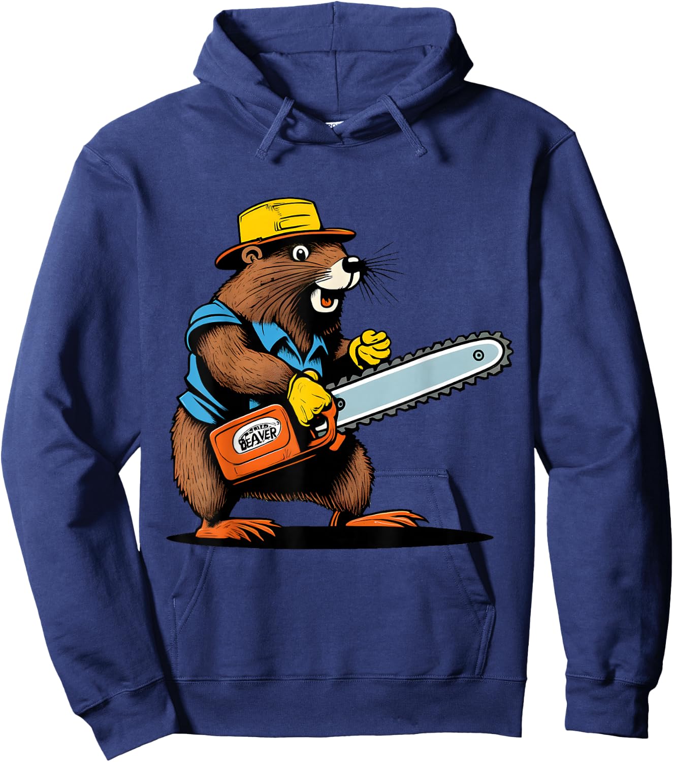 Lumber Jack Beaver with Chainsaw - Retro Comic Art Funny Hoodie - Hoodie | Navy