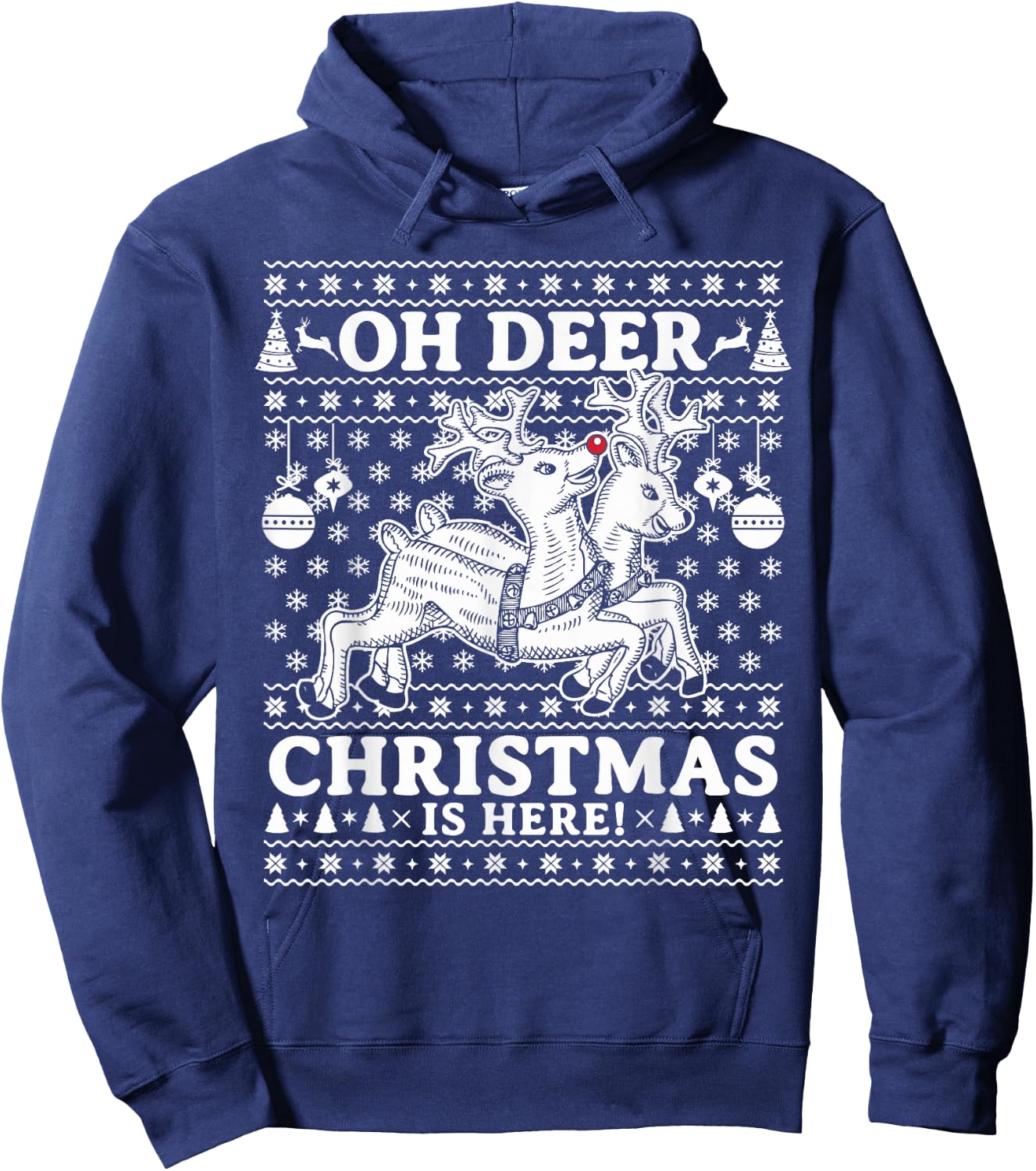 Oh Deer Christmas Is Here Reindeer Ugly Christmas Pajama Hoodie - Hoodie | Navy