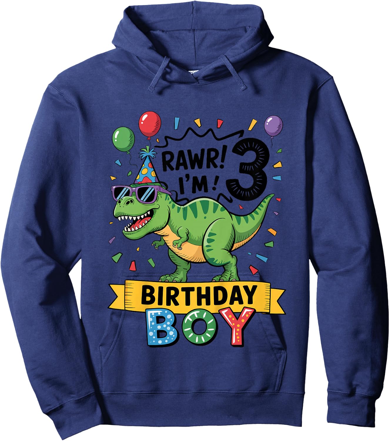 Kids 3rd Birthday Boy Dinosaur T-Rex Rawr I'm Three Years Old Hoodie - Hoodie | Navy