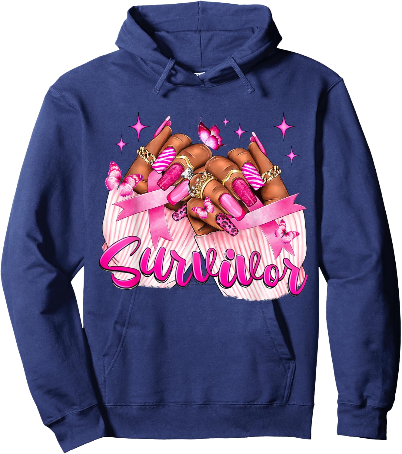 Breast Cancer Survivor Awareness Black Woman Nails Pink Hoodie - Hoodie | Navy