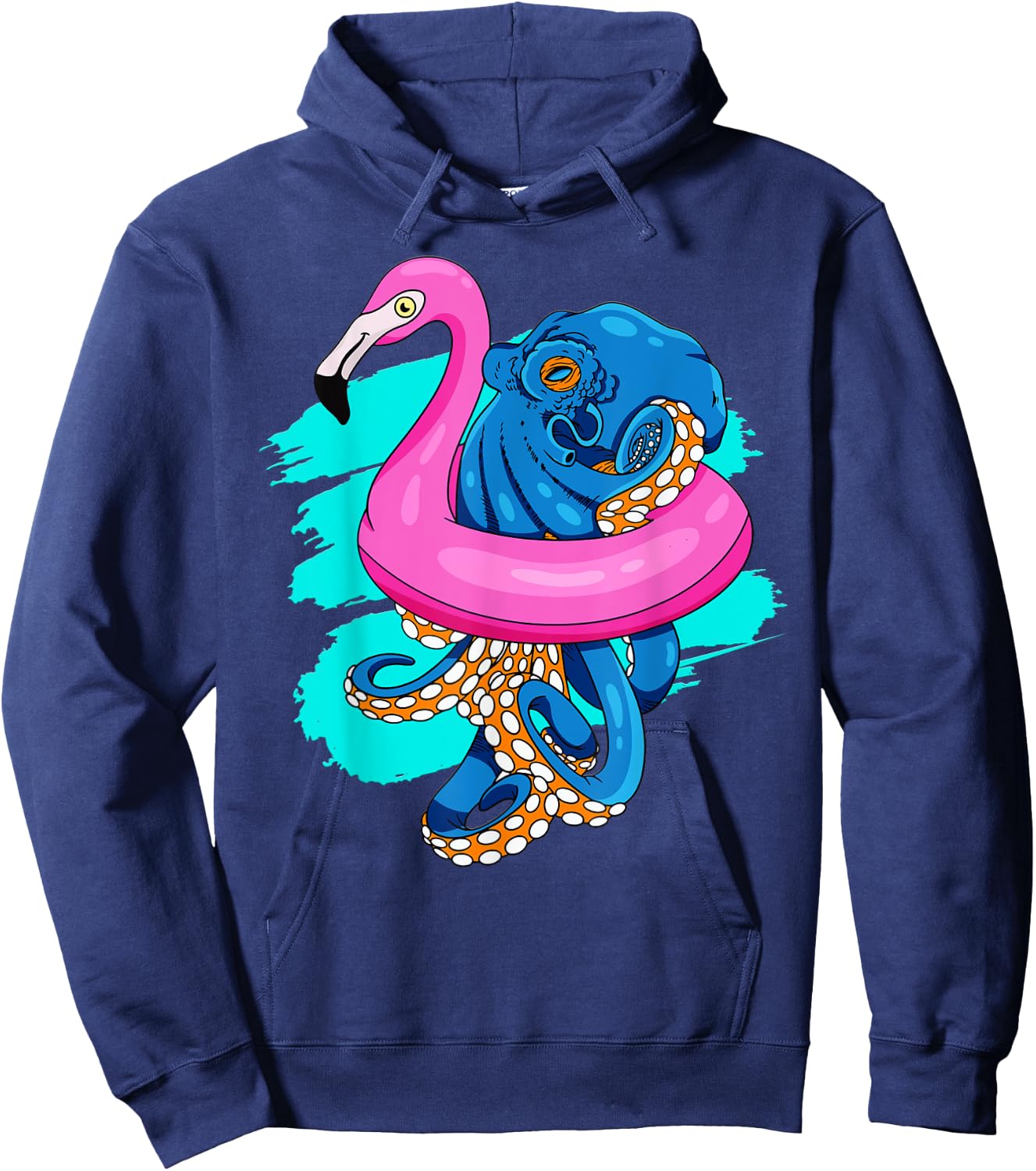 Blue Octopus In Pink Flamingo Swimming Pool Fun Octopus Hoodie - Hoodie | Navy