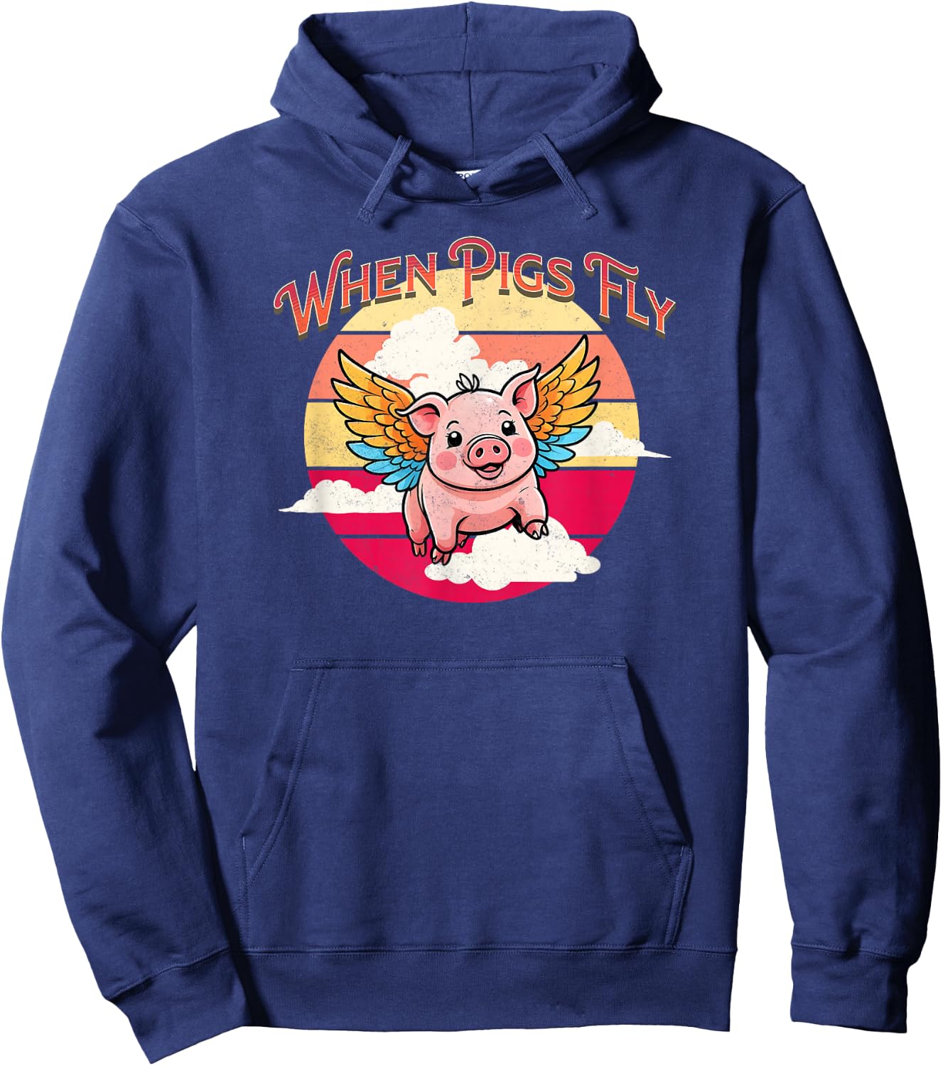 When Pig Fly Vintage Sunset Kawaii Piggy Funny Ironic Saying Hoodie - Hoodie | Navy