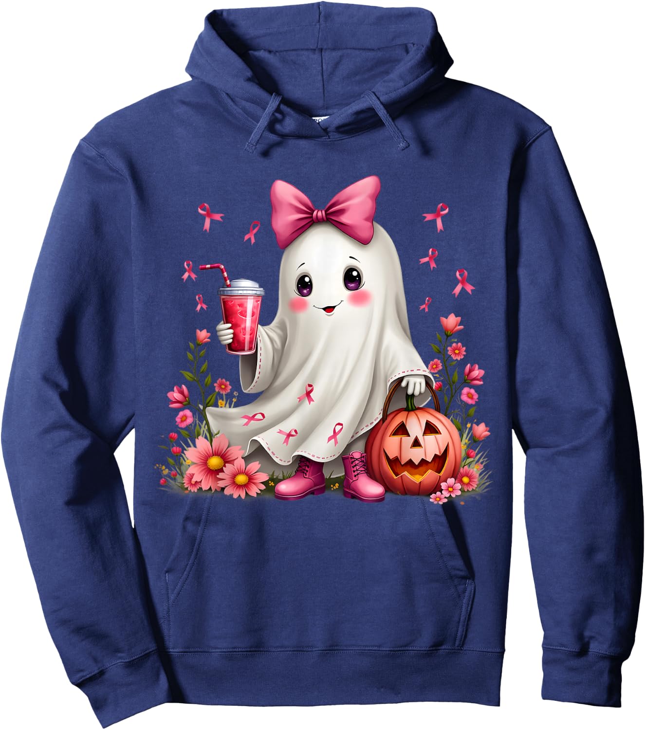 In October We Wear Pink Ghost Breast Cancer Awareness Hoodie - Hoodie | Navy