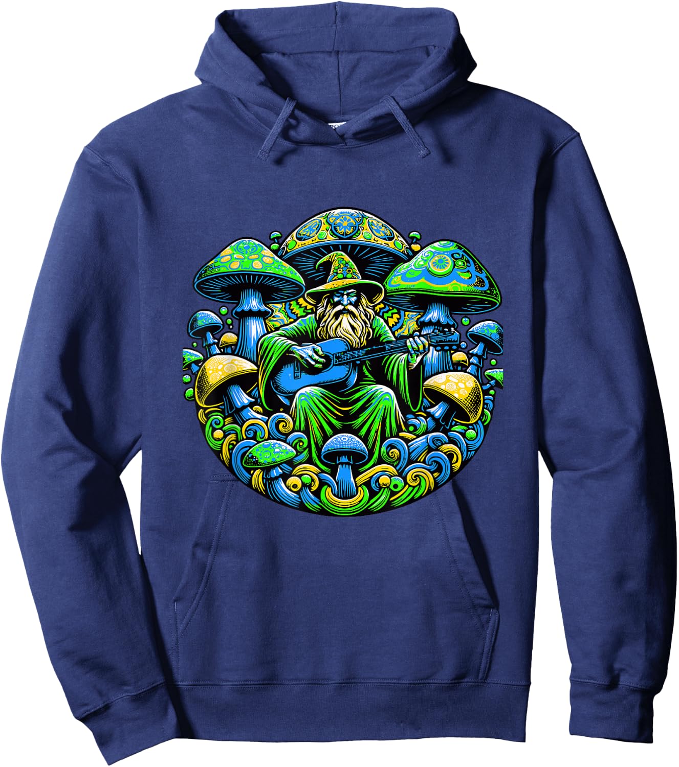 Psychedelic Trippy Rave Colourful Mushroom Guitar and Wizard Hoodie - Hoodie | Navy