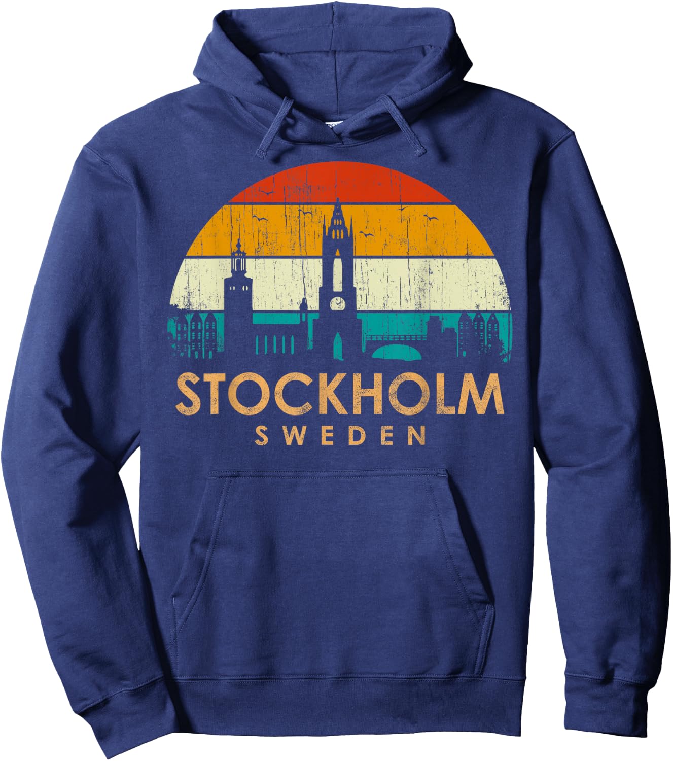 Vintage Retro Style Landscape Sun Skyline Stockholm Sweden Hoodie - Hoodie | Navy