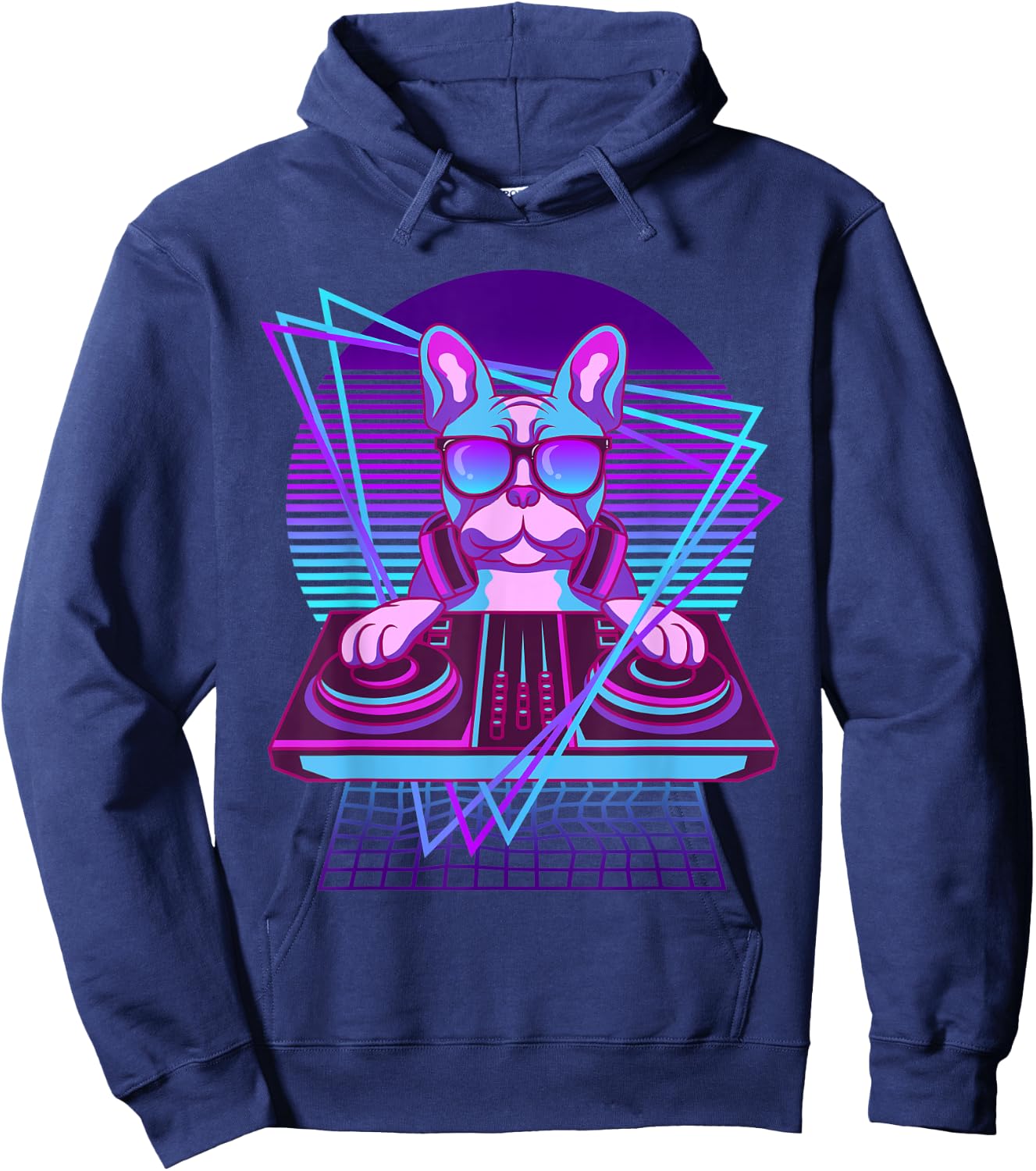 Vaporwave Bulldog DJ Turntable Sunglass French Bulldog Men Women Hoodie - Hoodie | Navy
