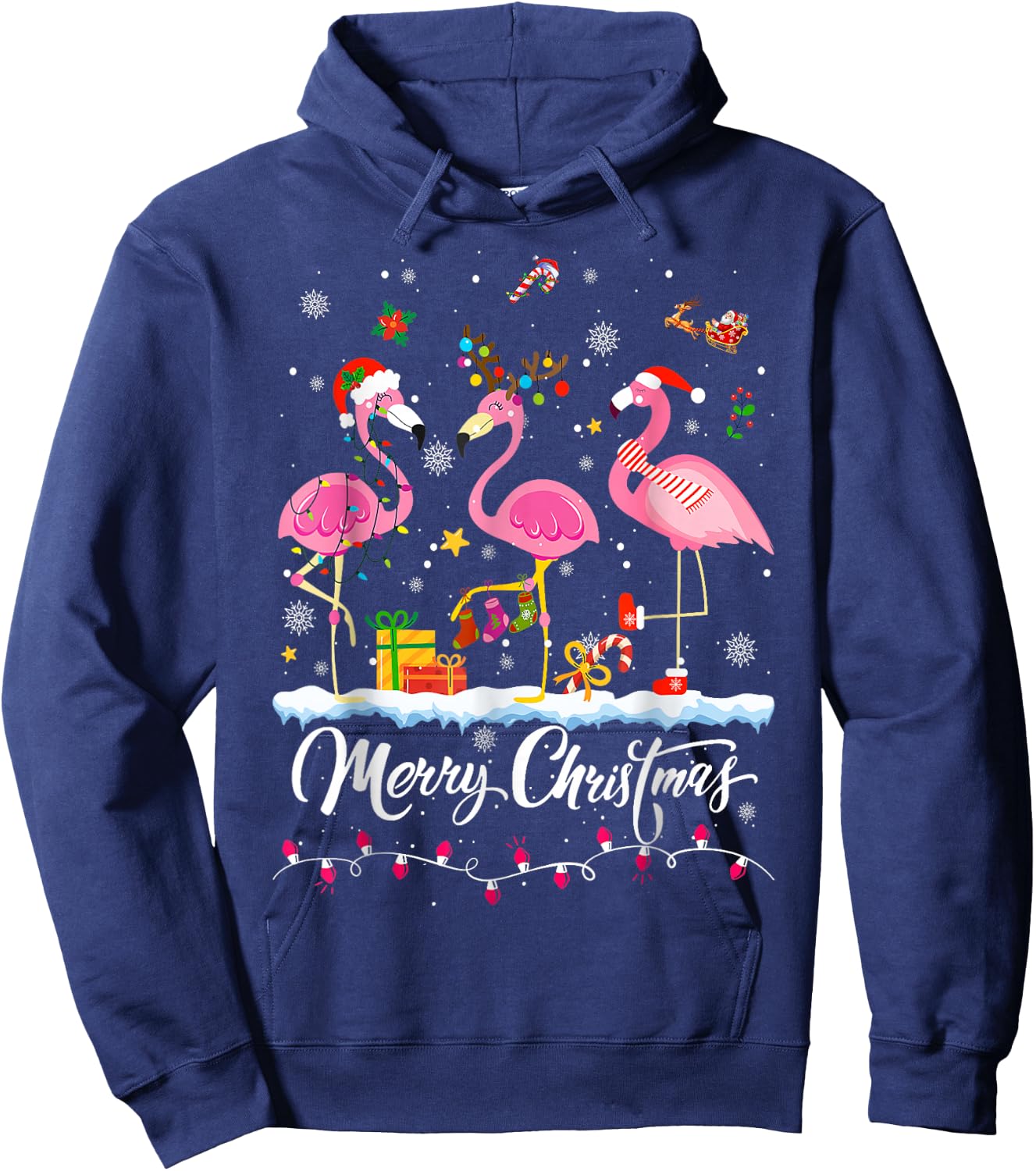 Merry Christmas Hat Santa Flamingo Light Christmas Snow Hoodie - Hoodie | Navy