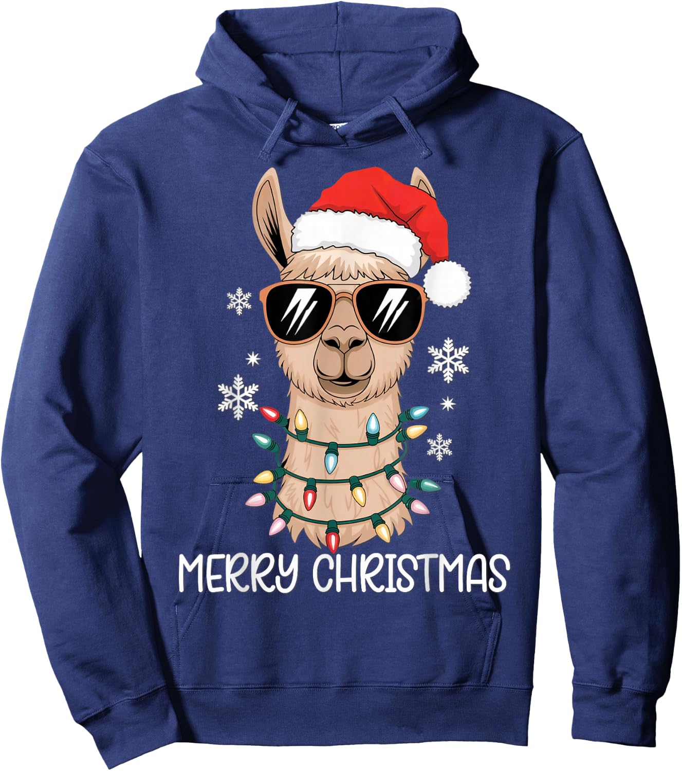 Merry Christmas Santa Llama with Holiday Lights Xmas Hoodie - Hoodie | Navy