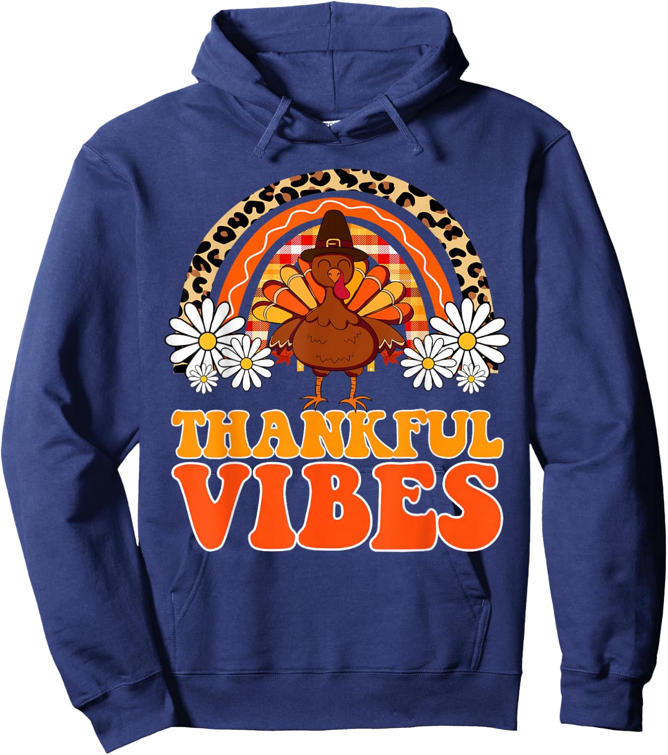 Thankful Vibes Turkey Rainbow Funny Retro Thanksgiving Women Hoodie - Hoodie | Navy