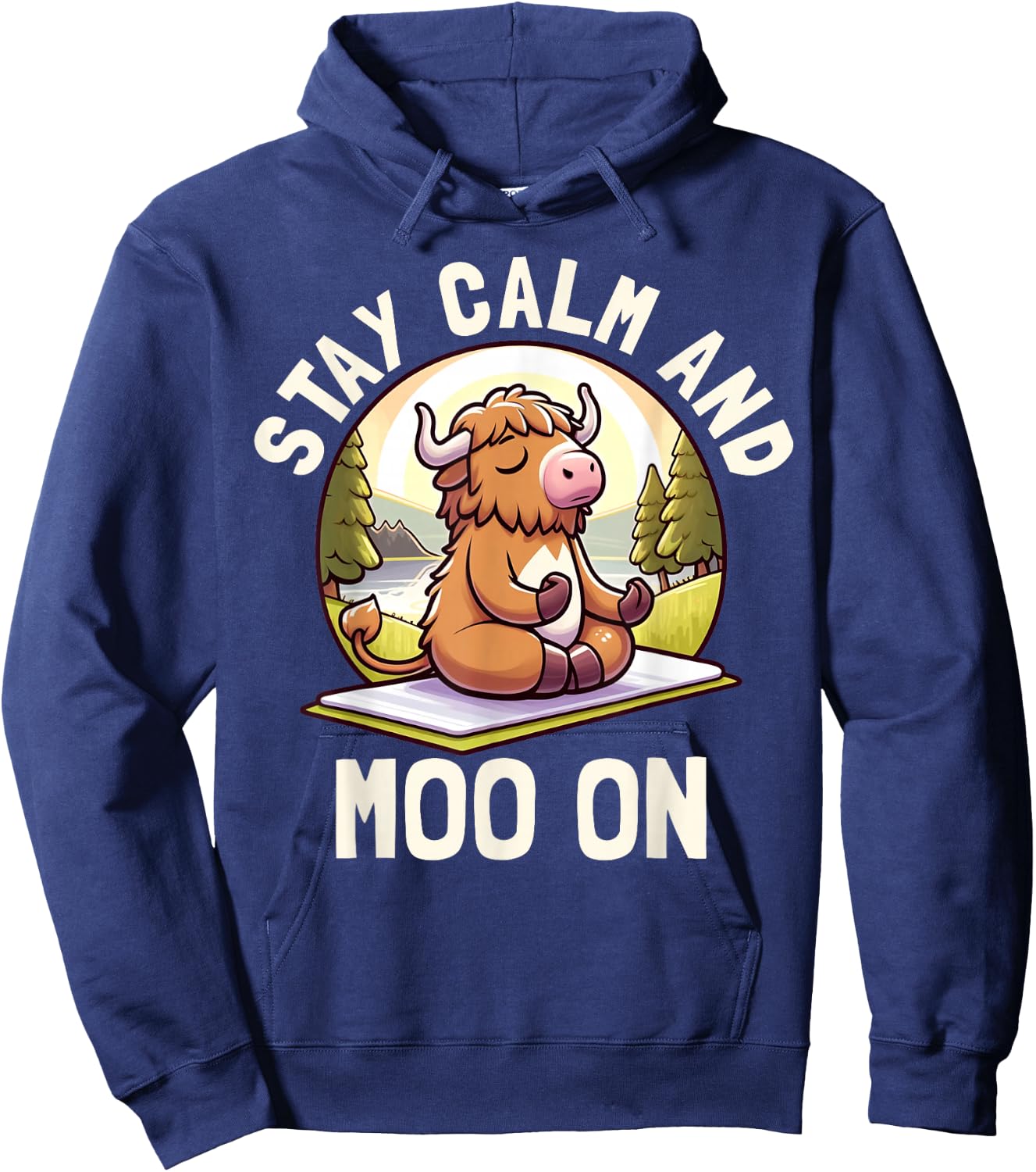 Funny Highland Cow Stay Calm Moo On Farm Animal Graphic Hoodie - Hoodie | Navy
