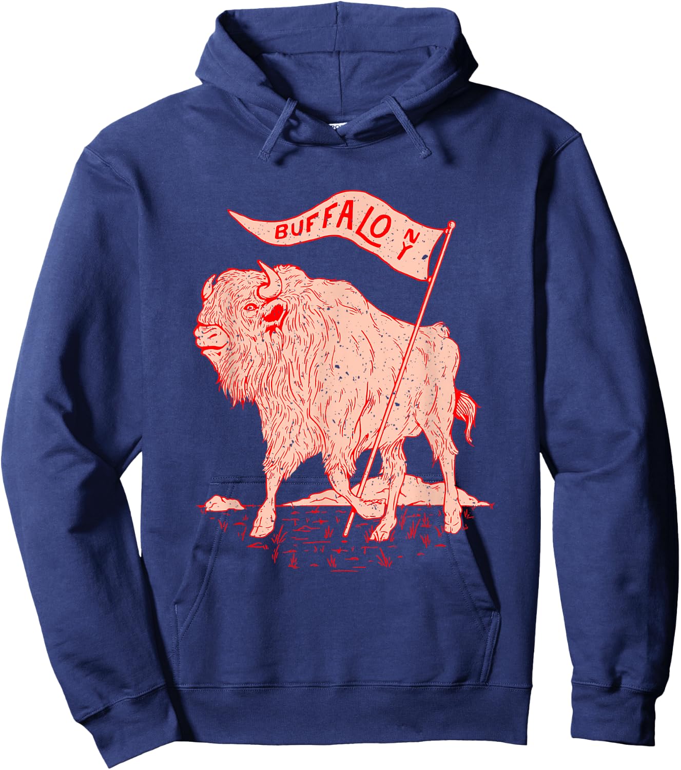 Crichton Street Buffalo NY Vintage Bison Buffalo Holds A Flag - Black, Small, -Kids Hoodie - Hoodie | Navy
