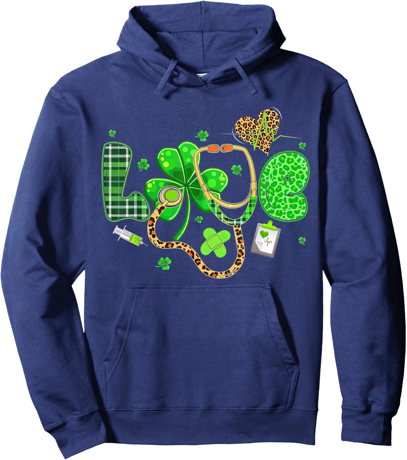 LOVE Nurse Leopard Stethoscope Shamrock St Patricks Day Hoodie - Hoodie | Navy